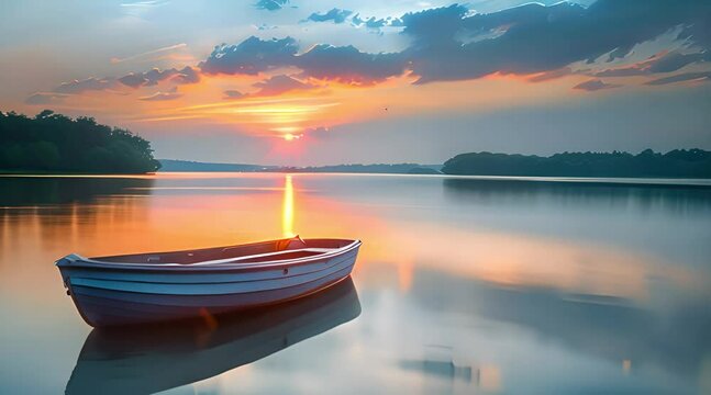 A Lone Wooden Rowboat on a Calm Lake at Sunset