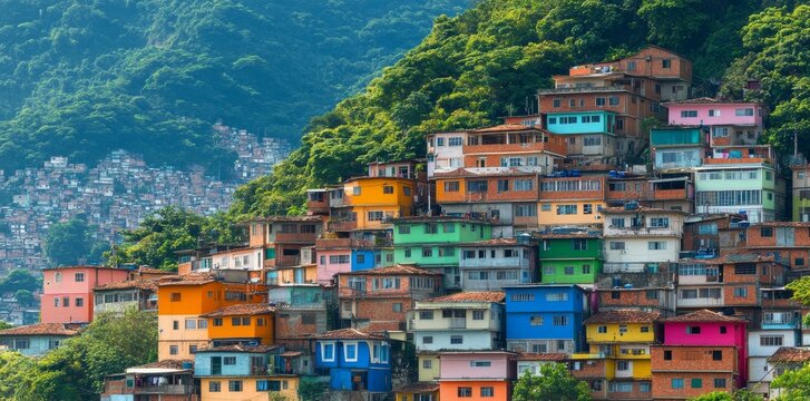 Cityscape of a Brazilian favela with colorful buildings. Concept Brazilian Favela Cityscape, Colorful Buildings, Graphic Art,