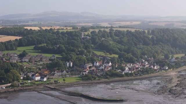 Aerial view of Culross, pretty village in Fife, Scotland on bright day
