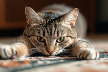 A cat stretching on a rug, with claws catching the fabric, displaying relaxed behavior.