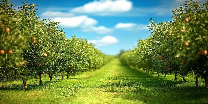 Rows of apple trees in an orchard on a sunny day