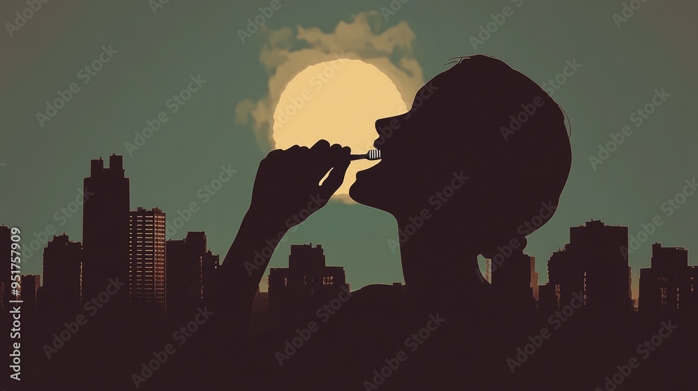 Canvas Prints Silhouette of a Woman Brushing Her Teeth in a Cityscape