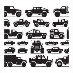 Off-road truck silhouette on white background. Vehicle icons set view from side, front, back, and top silhouette white background
