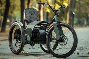 Fototapeta premium Modern three wheeled electric bike is parked on a paved path with trees on each side