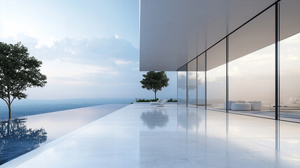 Modern minimal balcony terrace of luxury house villa. Swimming pool and sky view.