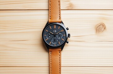 Black and Orange Chronograph Wristwatch on Wooden Background