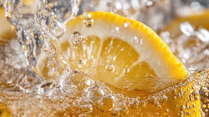 glass of fizzy drink with a slice of lemon and bubbles rising