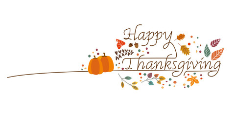 Thanksgiving illustration decoration with fallen leaves and pumpkins. Colorful decorative calligraphy for happy thanksgiving day. Vector illustration.