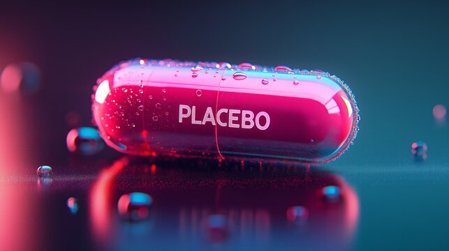 Glowing placebo pill among other capsules, concept of medical treatment.