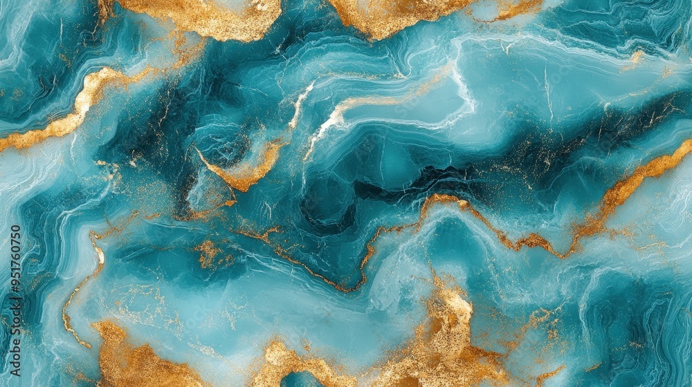 Wall mural Seamless marble texture in turquoise with gold veins, [Abstract Background Marble], [Vibrant and luxurious]