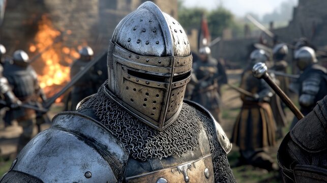 An outdoor training camp scene where knights are practicing for an upcoming buhurt tournament