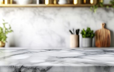 Spectacular selective focus on marble table top with blurry white background in a kitchen