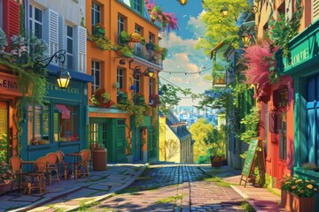 Fototapeta premium Montmartre with Olympic sports, artistic Parisian ambiance, romance, bright and vibrant colors, 3D illustration 