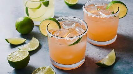 Fototapeta premium Close up view of alcohol margarita cocktails with lime on grey surface on white