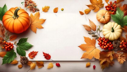 Fototapeta premium Autumn Top View Mockup - simple autumn poster with scattered leaves, a small pumpkins and white copy space for text or graphics. Graphic art illustration poster