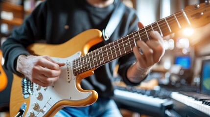 Musician performing with a guitar during a live streaming session