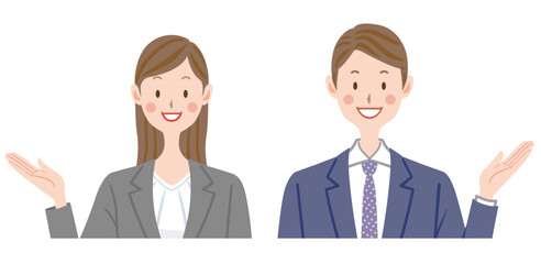 案内するビジネスマン　スーツ姿の男女のイラスト
