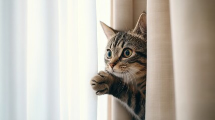 A cat climbing curtains with claws gripping tightly, exhibiting playful behavior that has turned chaotic. 