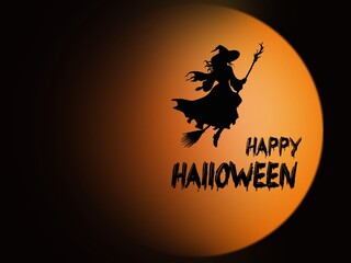 halloween background with witch. Young witch riding a broom. halloween background. Young witch riding a broom Illustration. Happy halloween full moon , background greeting design trick or treat horror