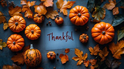 This cozy autumn flat lay presents bright pumpkins surrounded by vibrant leaves and a message of gratitude, perfect for seasonal inspiration.