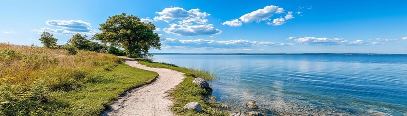 Lakeside scenic biking trail reflecting in calm water, peaceful journey, relaxation, and nature's tranquility