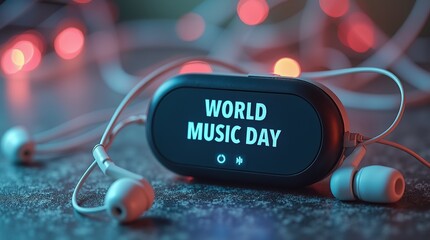 World music day celebration with earphones and glowing lights