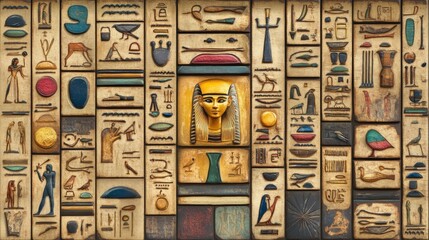 Old Egyptian hieroglyphs symbols on an ancient background. Wide historical background