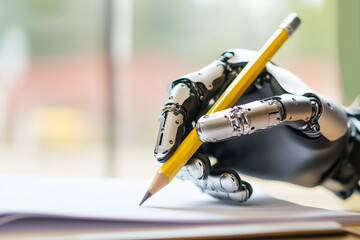 Bionic hand writes with a pencil on paper, artificial intelligence concept, copyspace