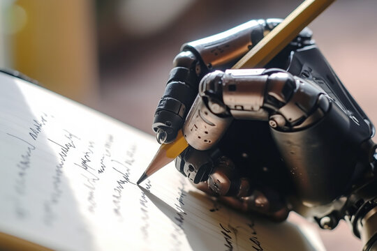 Bionic hand writes with a pencil on paper, artificial intelligence concept