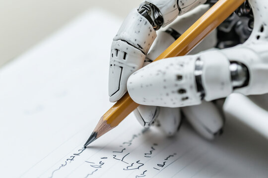 Bionic hand writes with a pencil on paper, artificial intelligence concept, copyspace