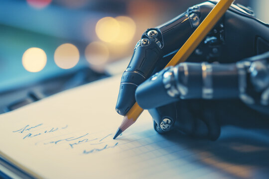 Bionic hand writes with a pencil on paper, artificial intelligence concept