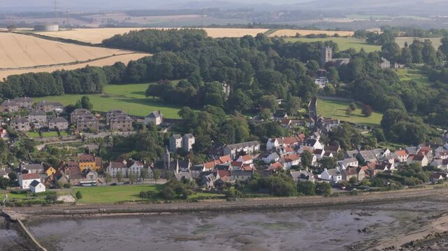 Aerial view of Culross, pretty village in Fife, Scotland on bright day