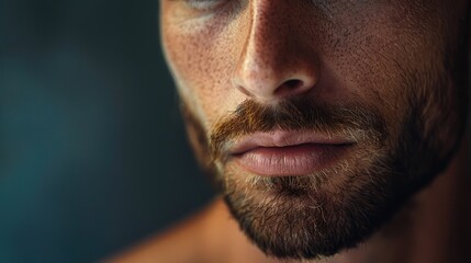 Close-up of a man's face, focusing on his stubble and the texture of his skin. The lighting is dramatic, casting shadows that highlight the contours and natural imperfections.
