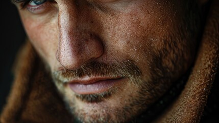 Obraz premium Close-up of a man's face, focusing on his stubble and the texture of his skin. The lighting is dramatic, casting shadows that highlight the contours and natural imperfections.