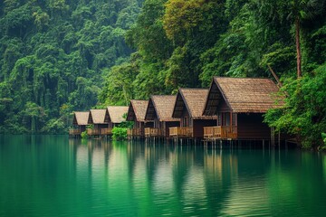Obraz premium Serene wooden cabins by a peaceful lake. Lush trees surround this tranquil hideaway. Perfect for relaxation and nature lovers. Escape into calmness. Generative AI