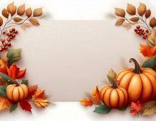 Fototapeta premium Cozy Autumn Top View Mockup - simple fall autumn poster with scattered colorful leaves, a small pumpkins and white copy space for text or graphics. Graphic art illustration