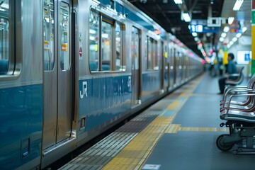 Modern train is arriving at a station with no people waiting on the platform