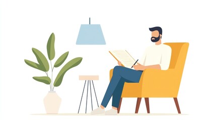 Fulfilled man writing in a journal, peaceful home setting, flat design illustration