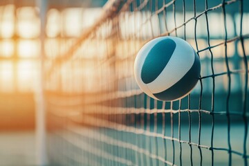 A close-up of a volleyball caught in the net during sunset. The vibrant colors create a unique atmosphere. Perfect for sports enthusiasts and event promotions. Generative AI