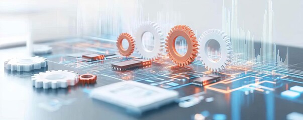 Streamlined business process with gears and digital circuits, innovation in business process management, optimizing business workflows
