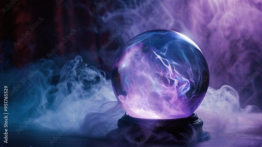 Wall mural a crystal ball sits on a wooden base surrounded by swirling purple and white smoke on a dark backgro