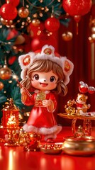 Naklejka premium Adorable Chinese New Year Doll with Festive Decorations