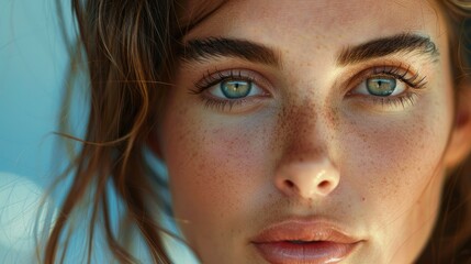 Fototapeta premium Close-up of a woman's face with her hair gently touching her cheek, highlighting the smooth skin and natural beauty. The background is softly blurred to keep the focus on her face.