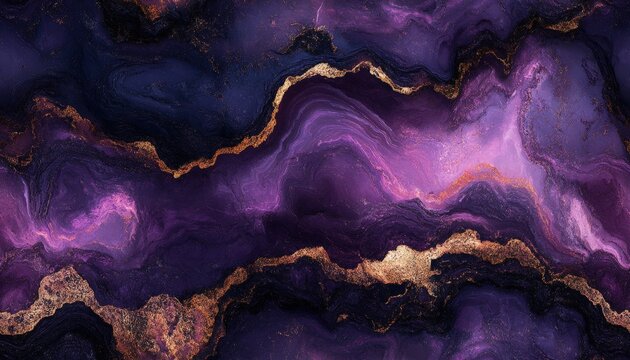 Vibrant abstract art with purple, gold, and dark blue swirls, emulating the beauty of natural marble patterns. Perfect for backgrounds or creative projects.