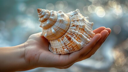 Close-up of a person's hand holding a seashell, showcasing the contrast between the smooth skin and the intricate details of the shell. The background is minimal to highlight the hand and shell.