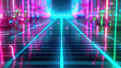 A futuristic city street with glowing neon lights and a grid pattern.