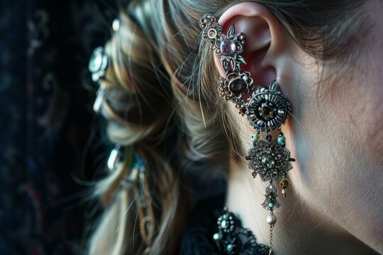 Close up of a woman wearing an ear wrap with a long bohemian earring - Powered by Adobe