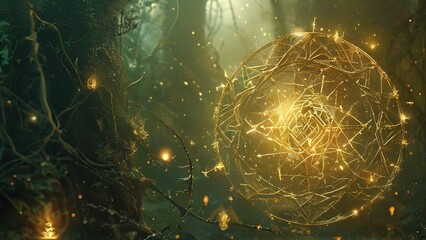 A golden sphere glows with ethereal light in a lush, mystical forest, surrounded by glowing insects.