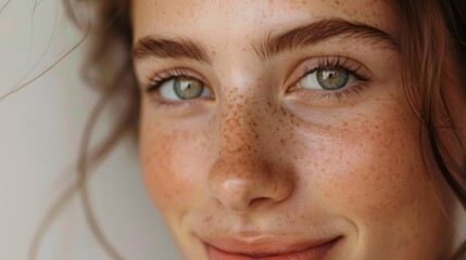 Close-up of a person's face with a gentle smile, highlighting the smooth skin and natural expression. The background is softly lit to enhance the focus on the face.