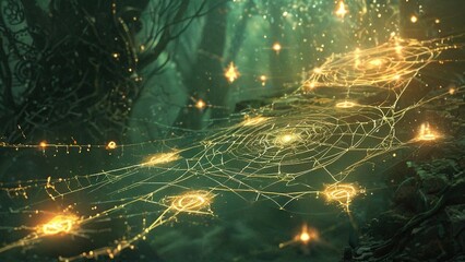 A magical spiderweb glows with golden light in a mystical forest setting.